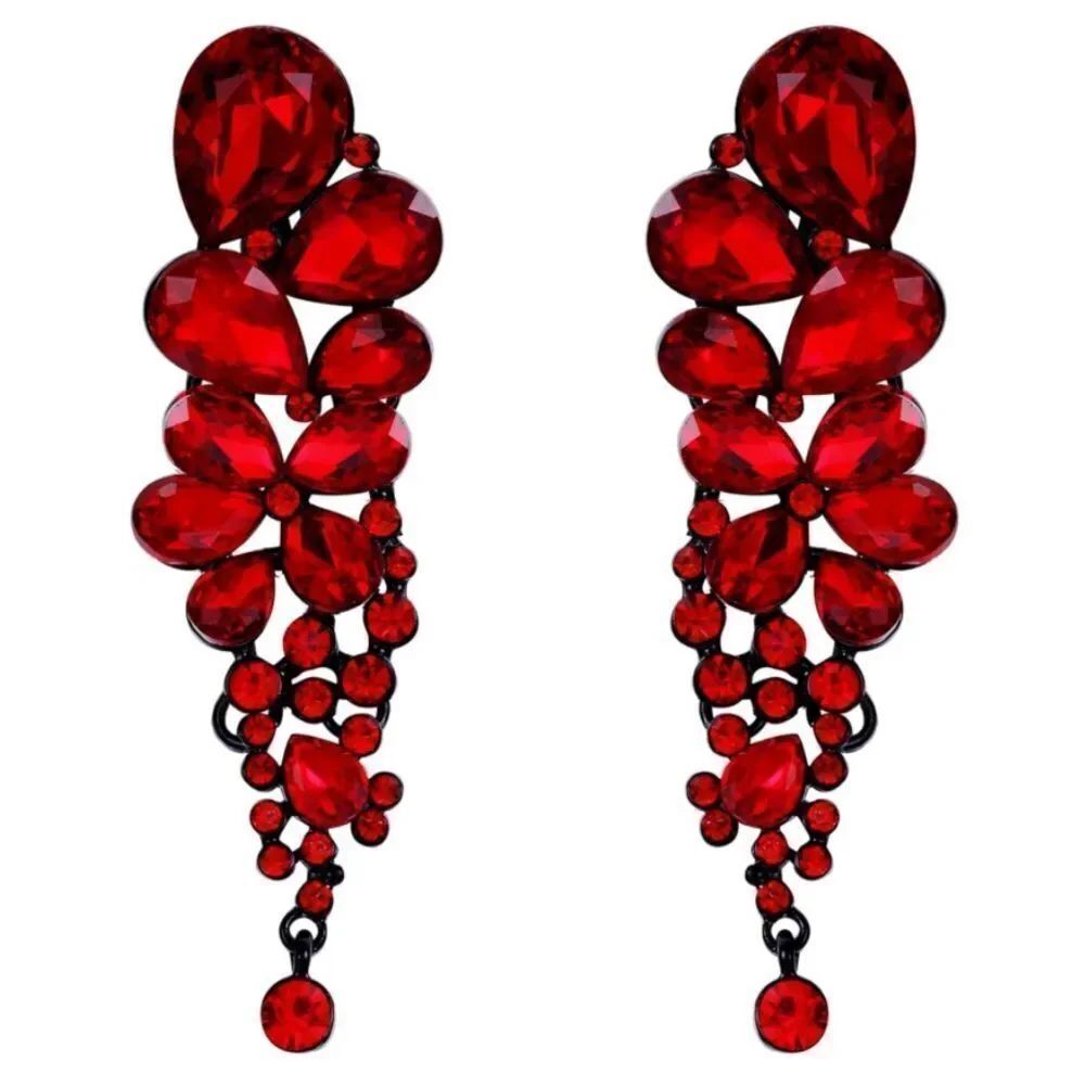 Carbon Black with Ruby Red Austrian Crystal Dangling ChandelierāClip On Earrings